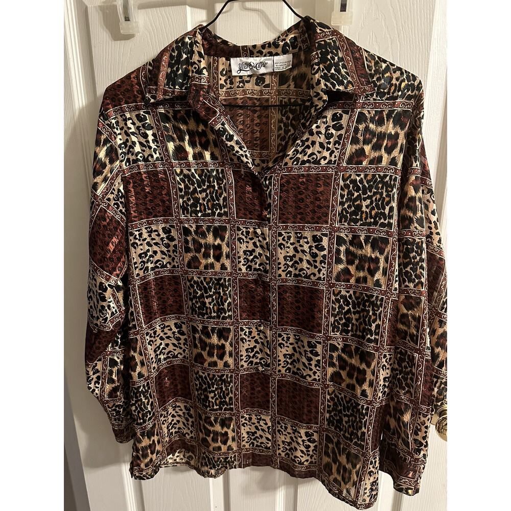 Vtg Yves St Clair Semi Sheer Button Up Blouse XL Gold Metallic Animal Print 42w